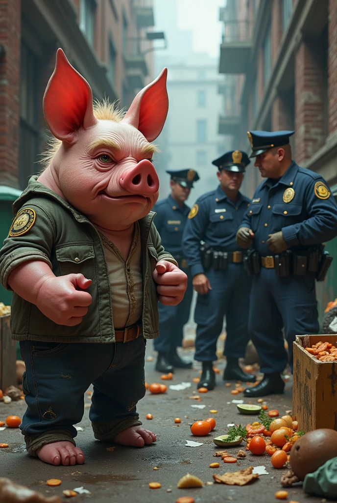 Humanoid pig annoyed with police officers eating garbage