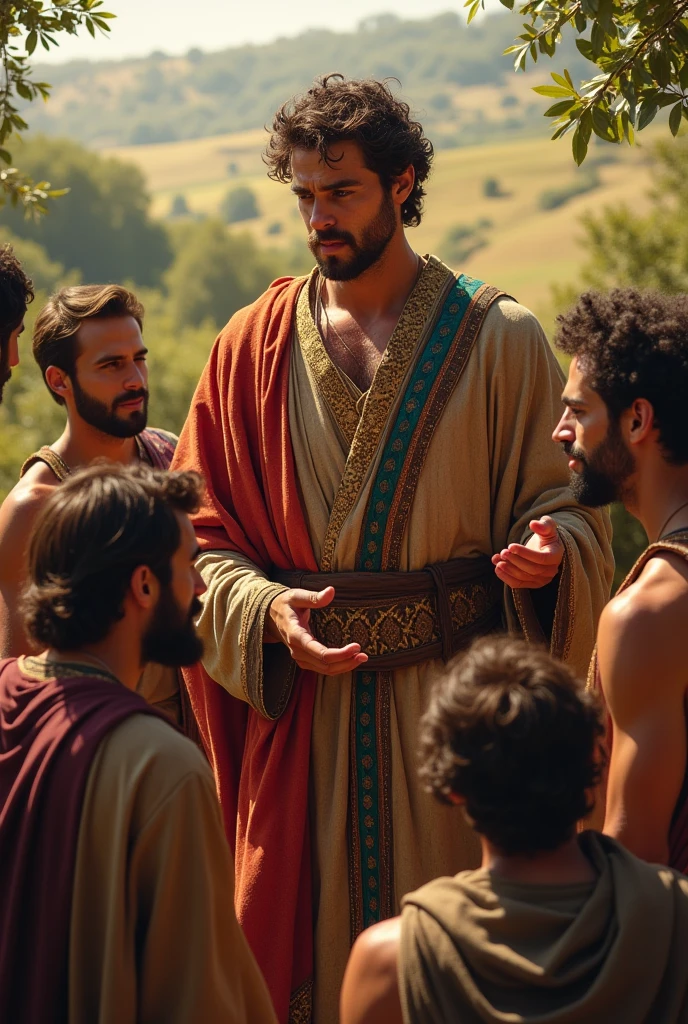 Biblical character Joseph dressed in a colorful tunic at 30 years old talking about his dream to his brothers with