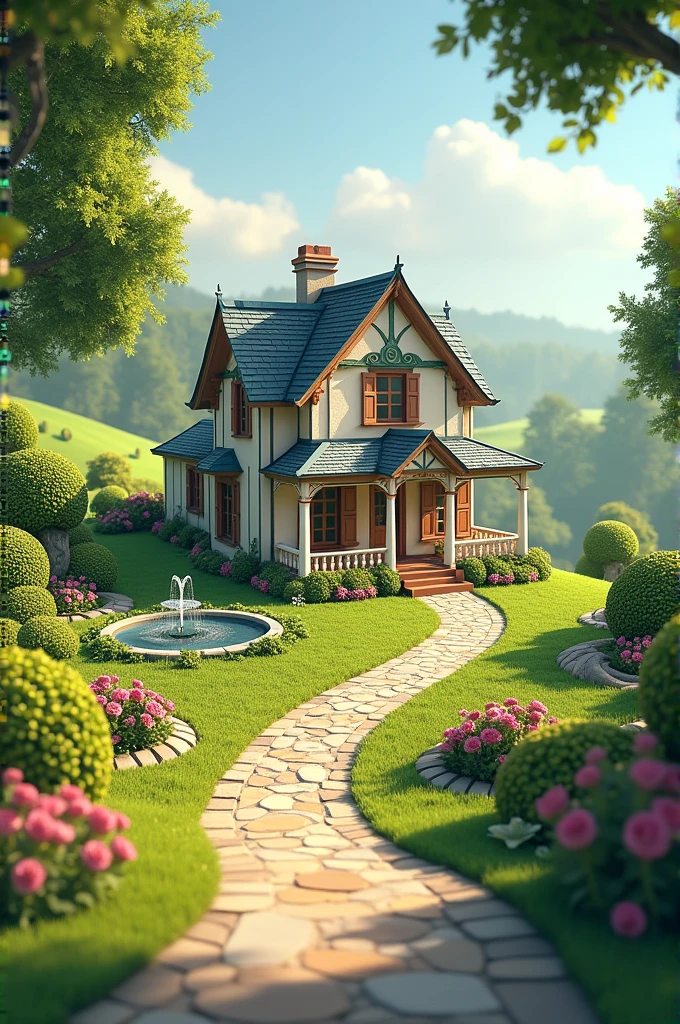 Draw and complete the decorative landscape of the house that is in perspective