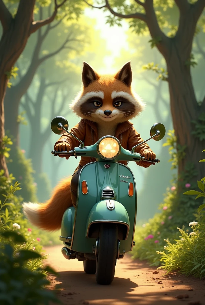 Generate the image of a half raccoon half fox animal,  called kuzco who rides a vespa motorcycle, He is wearing a leather jacket and is in the middle of the forest