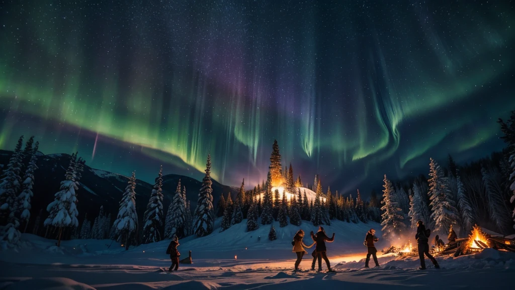 Dramatic lighting, close-up view, Milky Way and northern lights above a snowy forest mountain, a hundred people dancing and celebrating, laughing, a with a huge bonfire, embers floating up into the sky