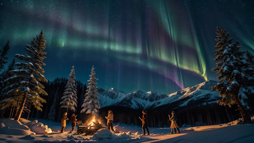 Dramatic lighting, close-up view, Milky Way and northern lights above a snowy forest mountain, a hundred people dancing and celebrating, laughing, a with a huge bonfire, embers floating up into the sky