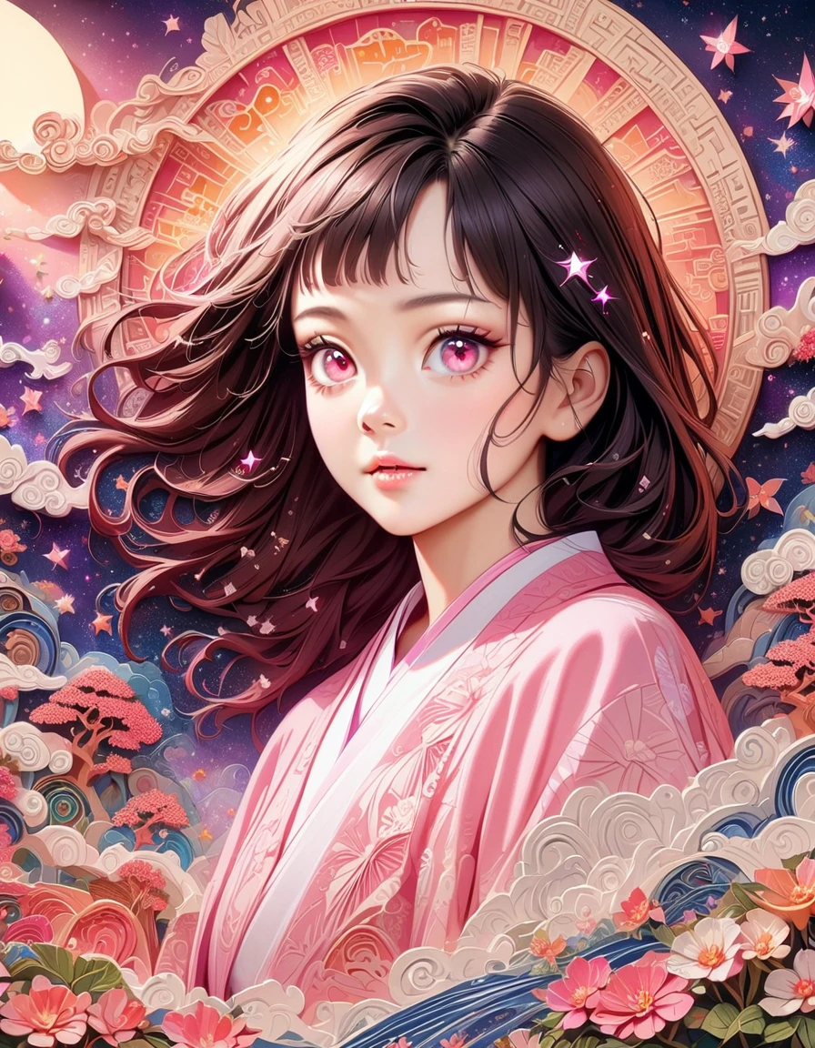 (masterpiece, best quality:1.2), Embossed paper, Solitary，Black LightNezuko from demon slayer. a young woman with long dark hair, (pink eyes), beautiful detailed eyes, beautiful detailed lips, extremely detailed face, longeyelashes, wearing a pink kimono, (best quality,4k,8k,highres,masterpiece:1.2),ultra-detailed,(realistic,photorealistic,photo-realistic:1.37),digital painting,exquisite detail,intricate details,highly detailed,vivid colors,warm lighting,cinematic lighting,dramatic lighting, iridescence, dramatic angle, space, (floating colorful sparkles:1.3), Dramatic Lighting, Chiaroscuro, Evocative Depth, Face Portrait, Close up, ulzzang, (looking at viewer),
