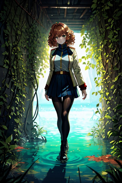 full body, a girl, a pretty woman, curly hair, short copper-colored hair tinged with gold, white coat, blue see-through skirt, see-through leggings, she is standing near (one rusted damaged military tanks), rushed Dilapidated collapsed military facility, overgrown by vines weeds, shaded by greenery, green water submerged, tree canopy, elegant sunlit, weak light and shadows,