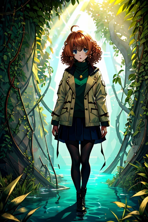 full body, a girl, a pretty woman, curly hair, short copper-colored hair tinged with gold, white coat, blue see-through skirt, see-through leggings, she is standing near (one rusted damaged military tanks), rushed Dilapidated collapsed military facility, overgrown by vines weeds, shaded by greenery, green water submerged, tree canopy, elegant sunlit, weak light and shadows,