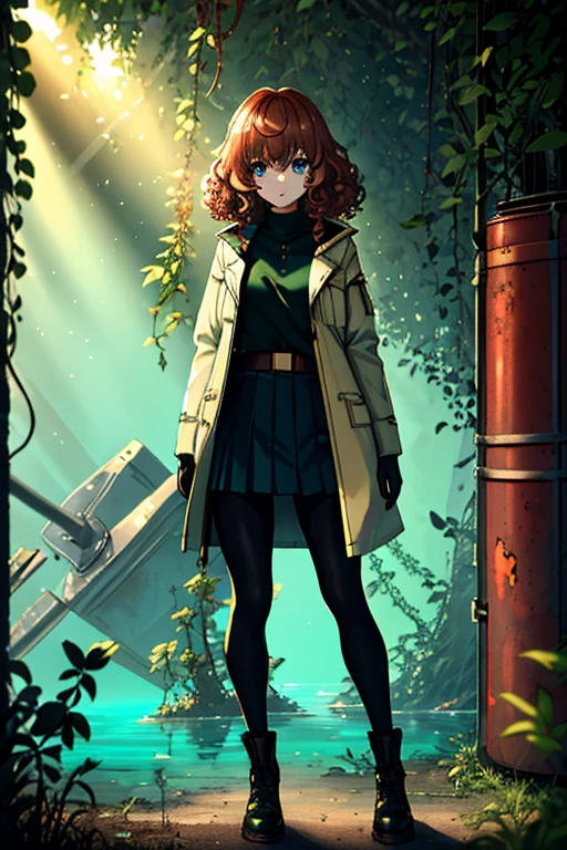 full body, a girl, a pretty woman, curly hair, short copper-colored hair tinged with gold, white coat, blue see-through skirt, see-through leggings, she is standing near (one rusted damaged military tanks), rushed Dilapidated collapsed military facility, overgrown by vines weeds, shaded by greenery, green water submerged, tree canopy, elegant sunlit, weak light and shadows,