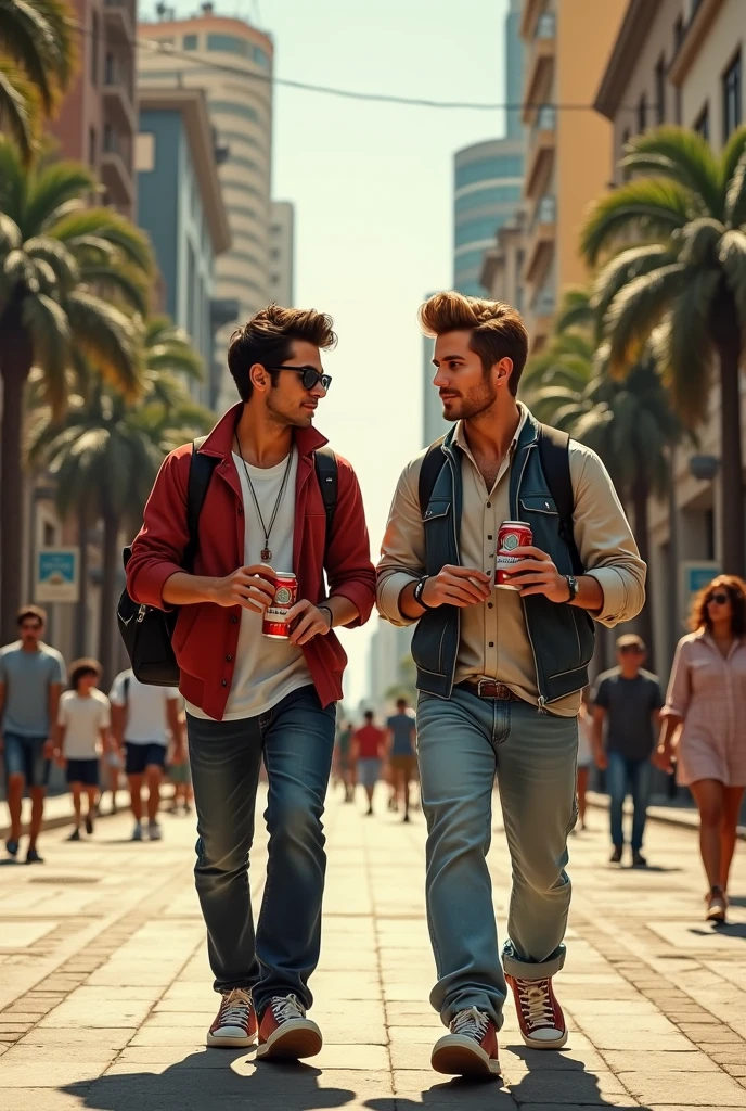 Two male friends walking on Paulista Avenue in São Paulo in the late afternoon holding a can of Budweiser beer, the man on the right is white with light brown hair and a short pompadour without glasses, the one on the left has slightly darker brown skin with dark brown hair, wearing glasses and backpack. Imitating a Renaissance painting in spaghetti style drawing