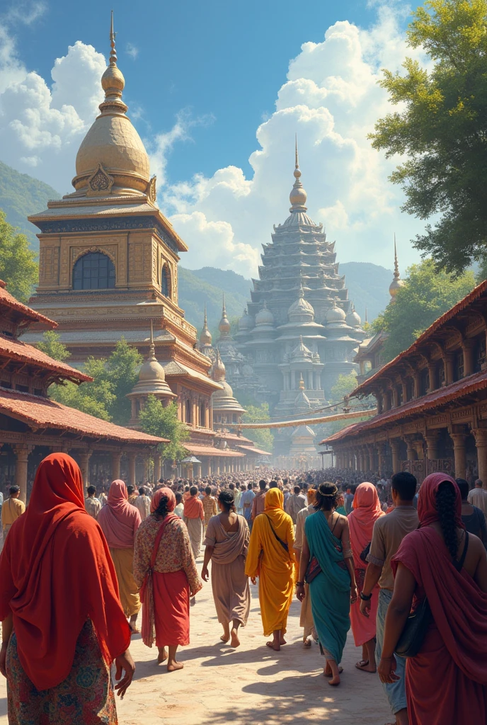 इहाँ कई जाति-जनजाति के लोग बसल बा आ हिन्दू धर्म आ बौद्ध धर्म के गहिरा प्रभाव बा।
Image prompt: A diverse group of people from different ethnic backgrounds, with Hindu and Buddhist temples in the background.