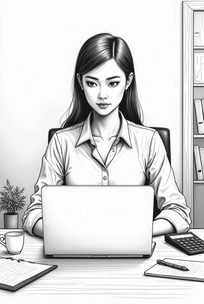 black and white drawing of a female accountant, office dress, sitting at a desk with her laptop and a calculator, in his office.
