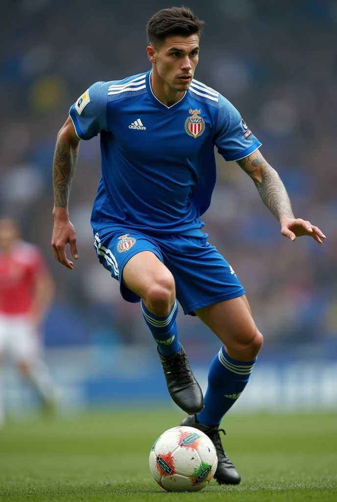 Create an image of a young and strong football player named Alexei Ivanov. He is 1, 1,88 m tall and weighs 85 kg. your hair is black, short and slightly wavy. eyes are dark brown, and your skin tone is medium and slightly tanned. The body is muscular and athletic, with a clear definition of muscles and a robust physical structure.
Alexei is wearing the FC Porto training shirt, blue with white details and the club logo, and sports training pants from the same club. He is wearing black soccer cleats with blue details.. The pose should show Alexei in an attacking action, perhaps jumping for a header or ready for an intense physical movement.