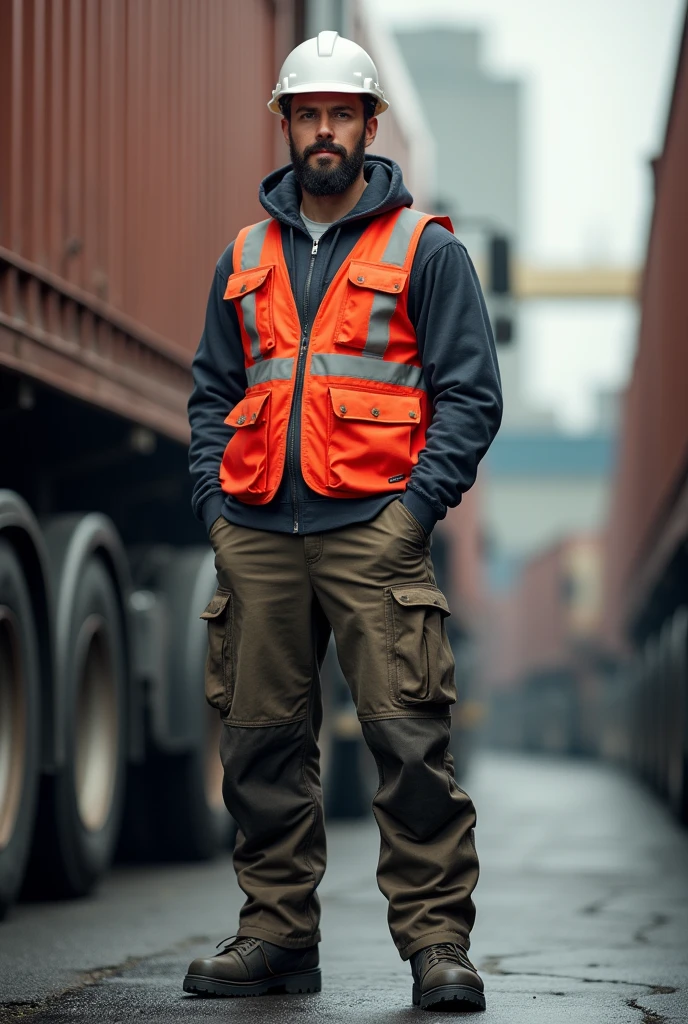 tidy truck driver, with long pants and a long-sleeved shirt, safety shoes, white helmet and red reflective vest
