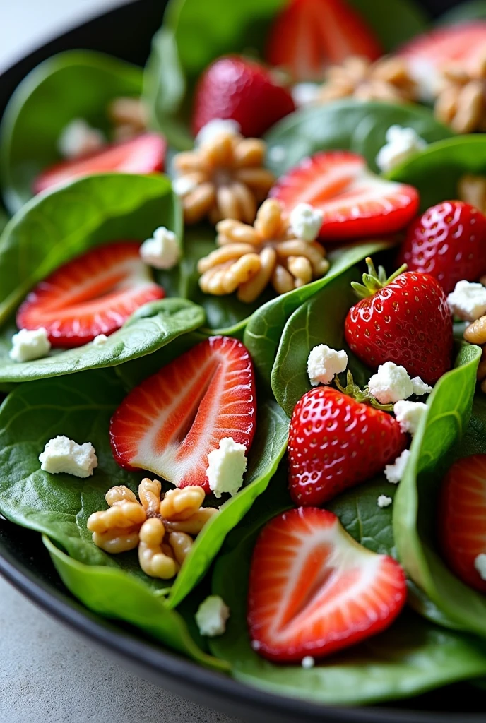 Create an image of this recipe: Spinach Salad with Strawberries and Walnuts Ingredients:

- Fresh spinach: 150 g - Strawberries: 100 g - Walnuts: 30 g - Feta cheese: 50 g - Olive oil: 20 ml - Balsamic vinegar: 10 ml - Honey: 5 ml
- Sal: 3 g Preparation:

1. Lava y seca bien las espinacas y las strawberries. Corta las strawberries en rodajas.

2. In a large bowl, mix the spinach, strawberries, walnuts and crumbled feta cheese.

3. In a small container, Whisk the olive oil, balsamic vinegar, honey and salt to make the dressing.

4. Pour the dressing over the salad and toss gently..

5. Serve the salad immediately..
