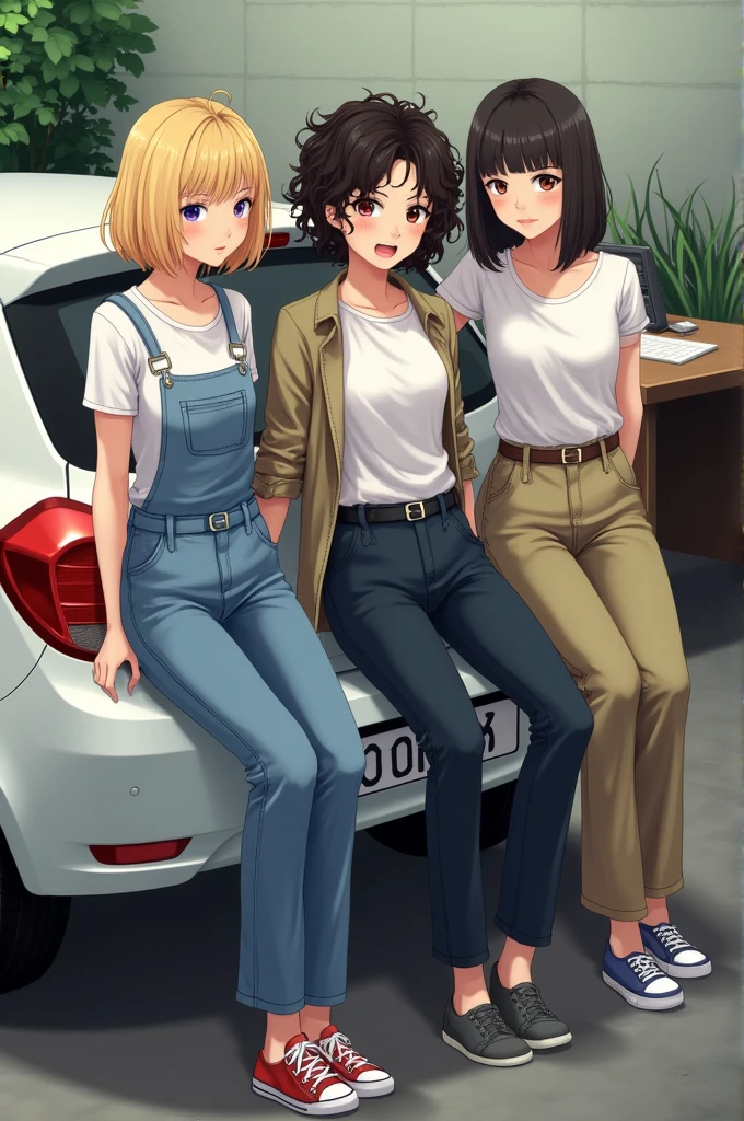 3 woman, supported by a car, Naturalness, as if it were a normal photo, desk, blonde