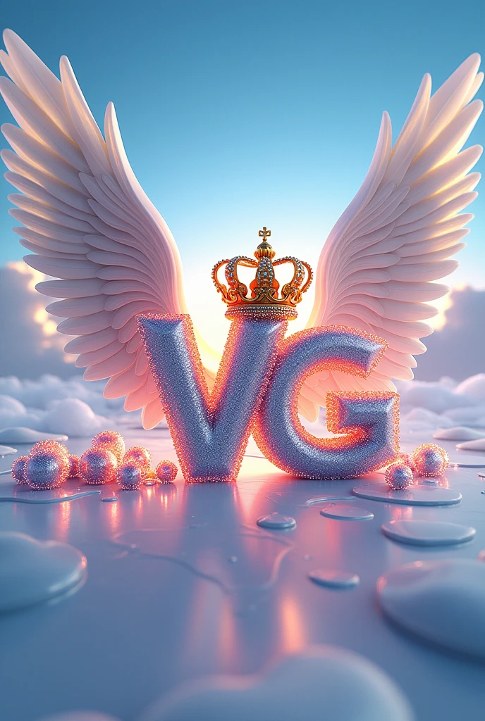 Elegant 8D typography with the name.
"….VG…." with an elegant crown and fine diamonds with sparkles of bright colors and angel wings, photo, typography, vibrantv9.5, graffiti, trend,  illustration, photo, product, fashion, 3d render, typography, seeing from sky