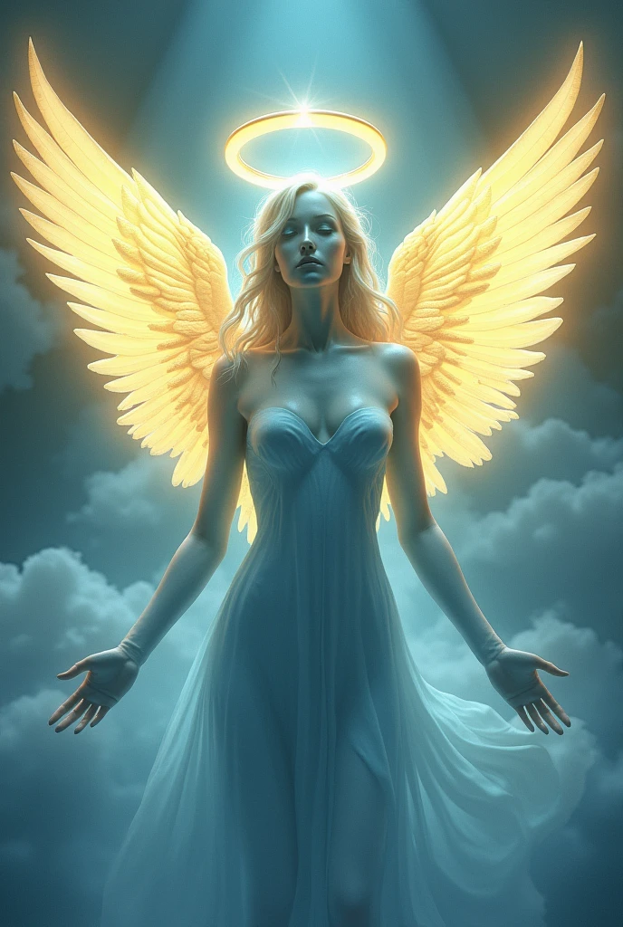 A blue angel with yellow wings There is a yellow ring on his head It has no gender