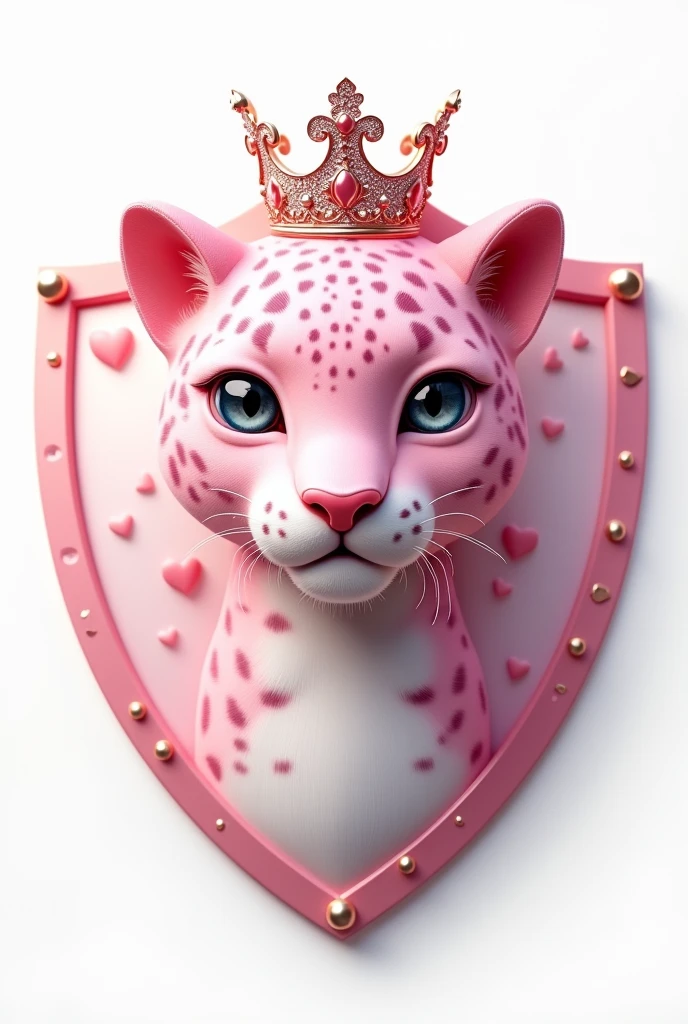 Create a white shield with a baby pink leopard and a princess crown on the leopard, with hearts 