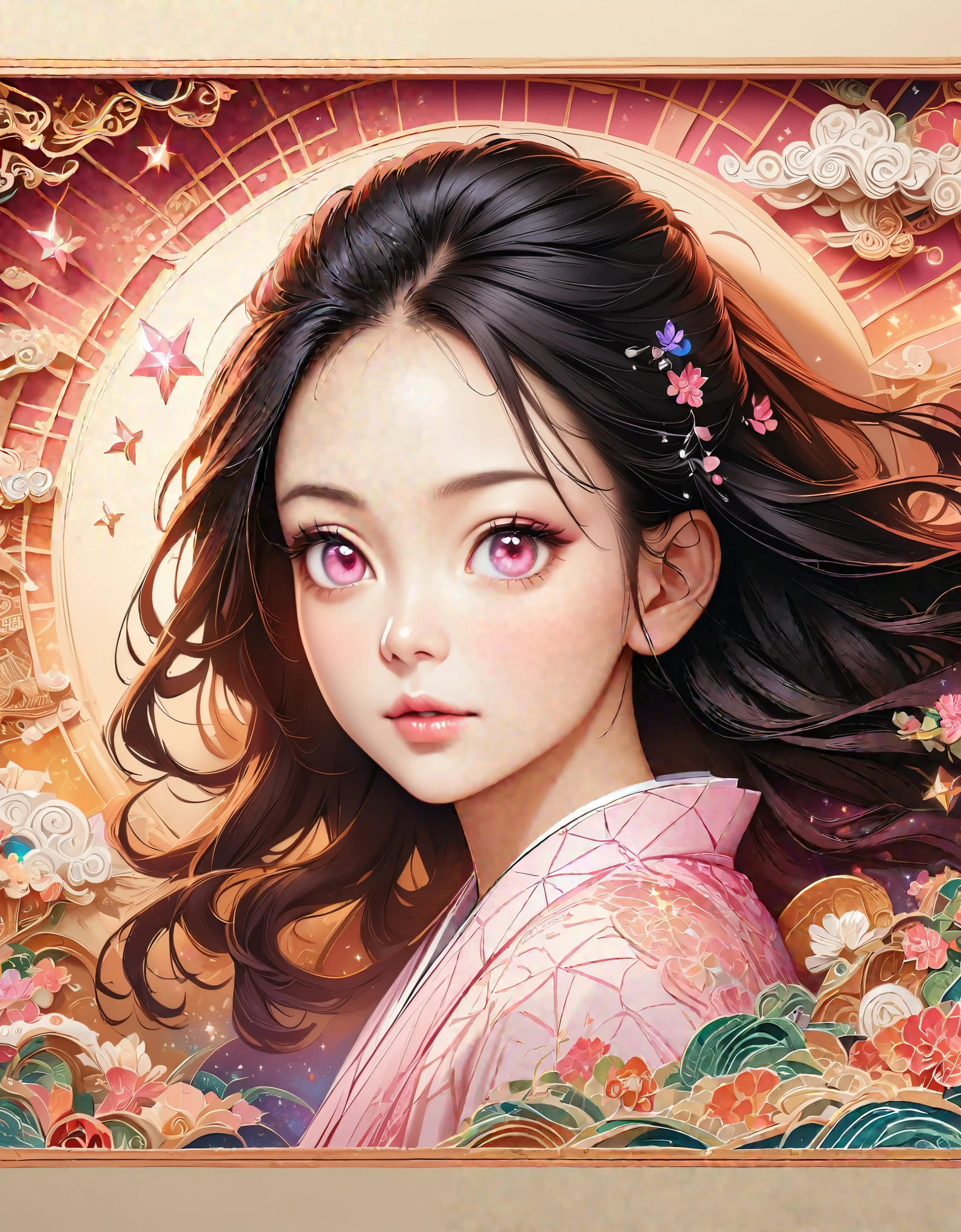 (masterpiece, best quality:1.2), Embossed paper, Solitary，Black LightNezuko from demon slayer. a young woman with long dark hair, (pink eyes), beautiful detailed eyes, beautiful detailed lips, extremely detailed face, longeyelashes, wearing a pink kimono, (best quality,4k,8k,highres,masterpiece:1.2),ultra-detailed,(realistic,photorealistic,photo-realistic:1.37),digital painting,exquisite detail,intricate details,highly detailed,vivid colors,warm lighting,cinematic lighting,dramatic lighting, iridescence, dramatic angle, space, (floating colorful sparkles:1.3), Dramatic Lighting, Chiaroscuro, Evocative Depth, Face Portrait, Close up, ulzzang, (looking at viewer), 
