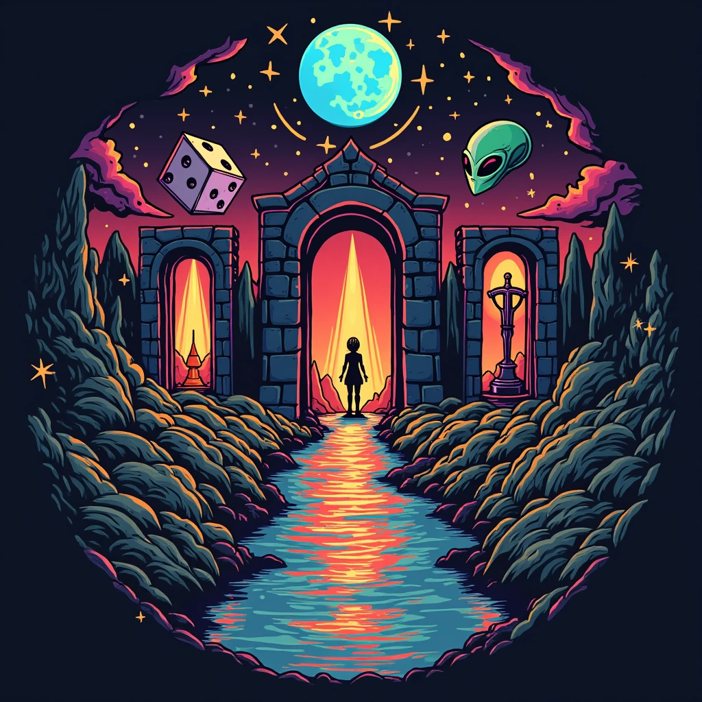 Logo. Use a retro color gradient background, different icons of geek culture, like a classic video game console, a D die&D, an anime figure, a fantasy sword and an alien. These elements could be connected by portals that symbolize the “other plane” where everything converges in a stylized way.