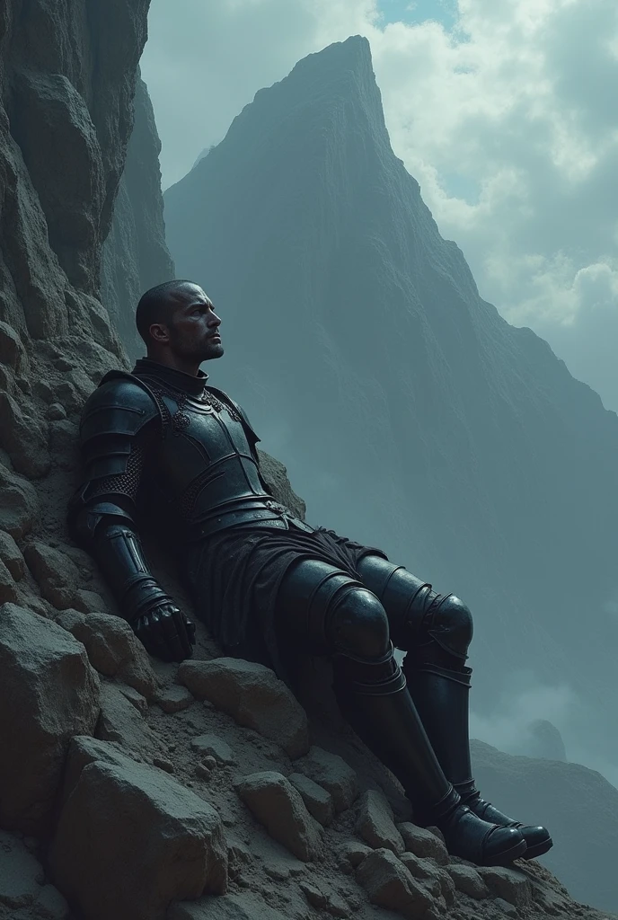An evil dark knight I lying hurt on a side of a mountain in the dark