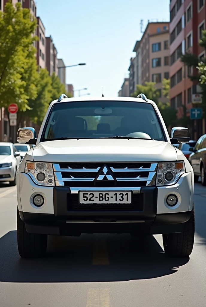 Mitsubishi Pajero, 2010 model plate number 52-BG-131 LET IT BE WHITE Let it be on the streets of Azerbaijan and let the weather be sunny 