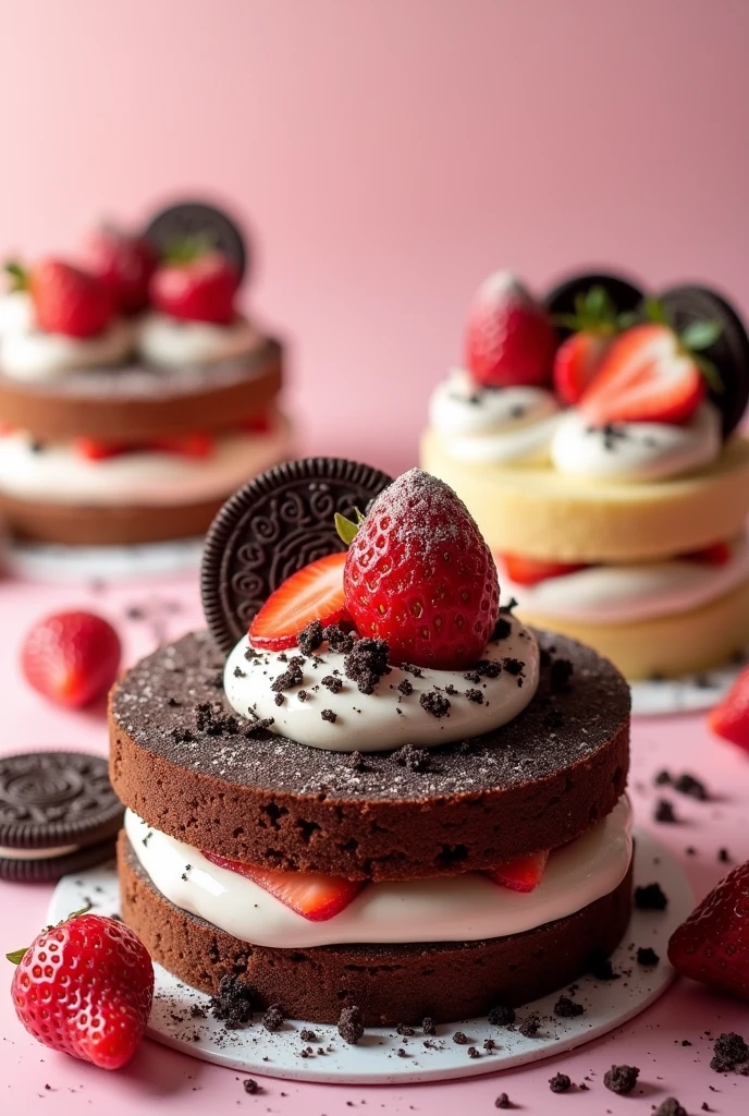 (photorealism:1.2), porciones de torta de chocolate with oreo, delicacy, strawberries, chantilly cream and make the dough moist so that it looks like three milks. Also slices of vanilla cake, with oreo, delicacy, strawberries, chantilly cream and make the dough moist so that it looks like three milks