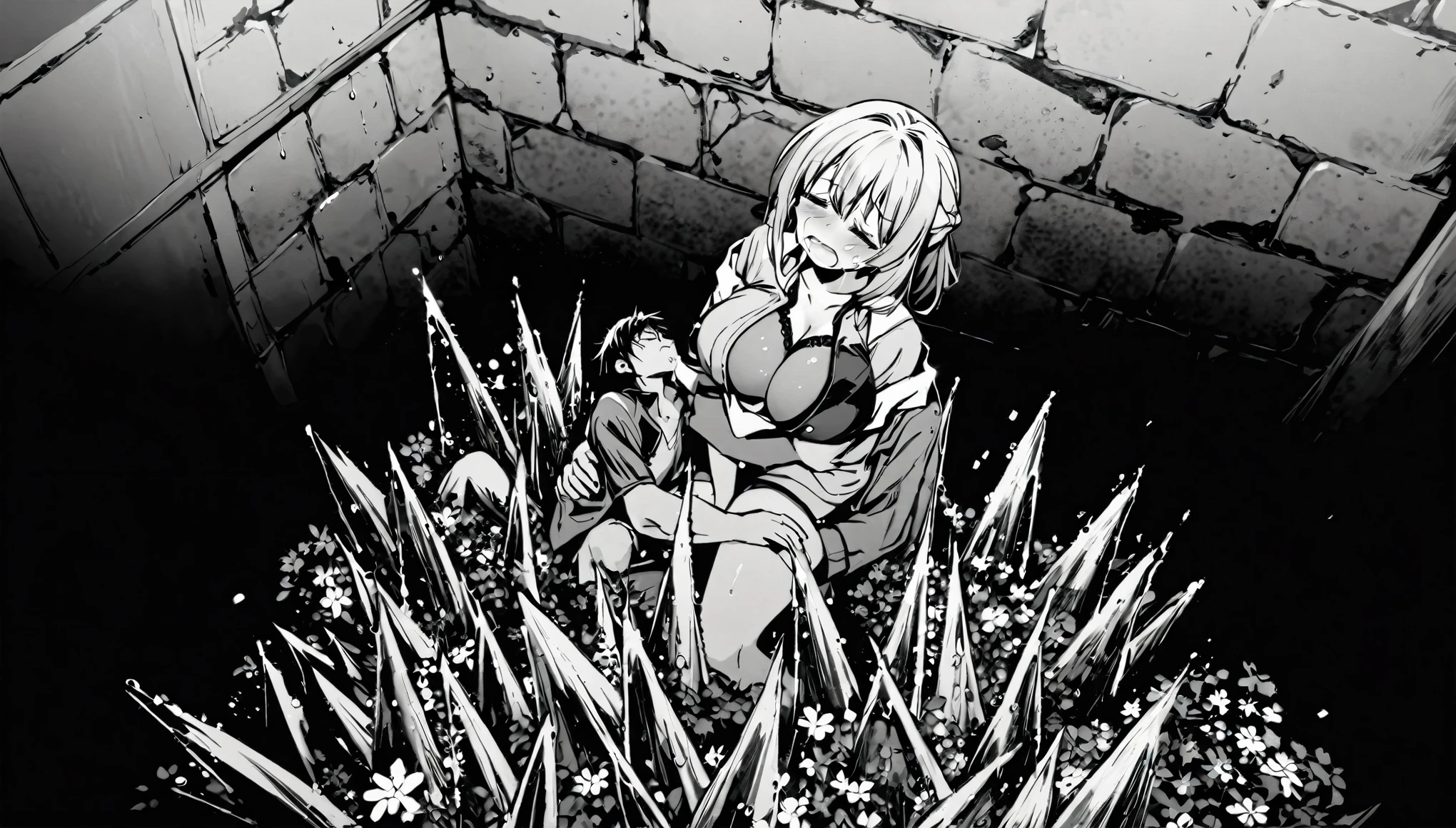 boy and girl, girl with very big breast, cleavage, crying