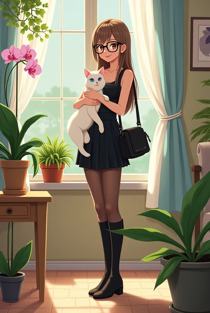 Woman of medium build, Brown eyes, long light brown hair, no bangs, thick lips, with an eyebrow piercing, black frame glasses, wearing a black skirt, a black tank top, with black knee-high boots, Black sheer stockings, black bag, smilingly carrying a white cat with blue eyes, in a home room background with plants and orchids, Hayao Miyazaki animation style 