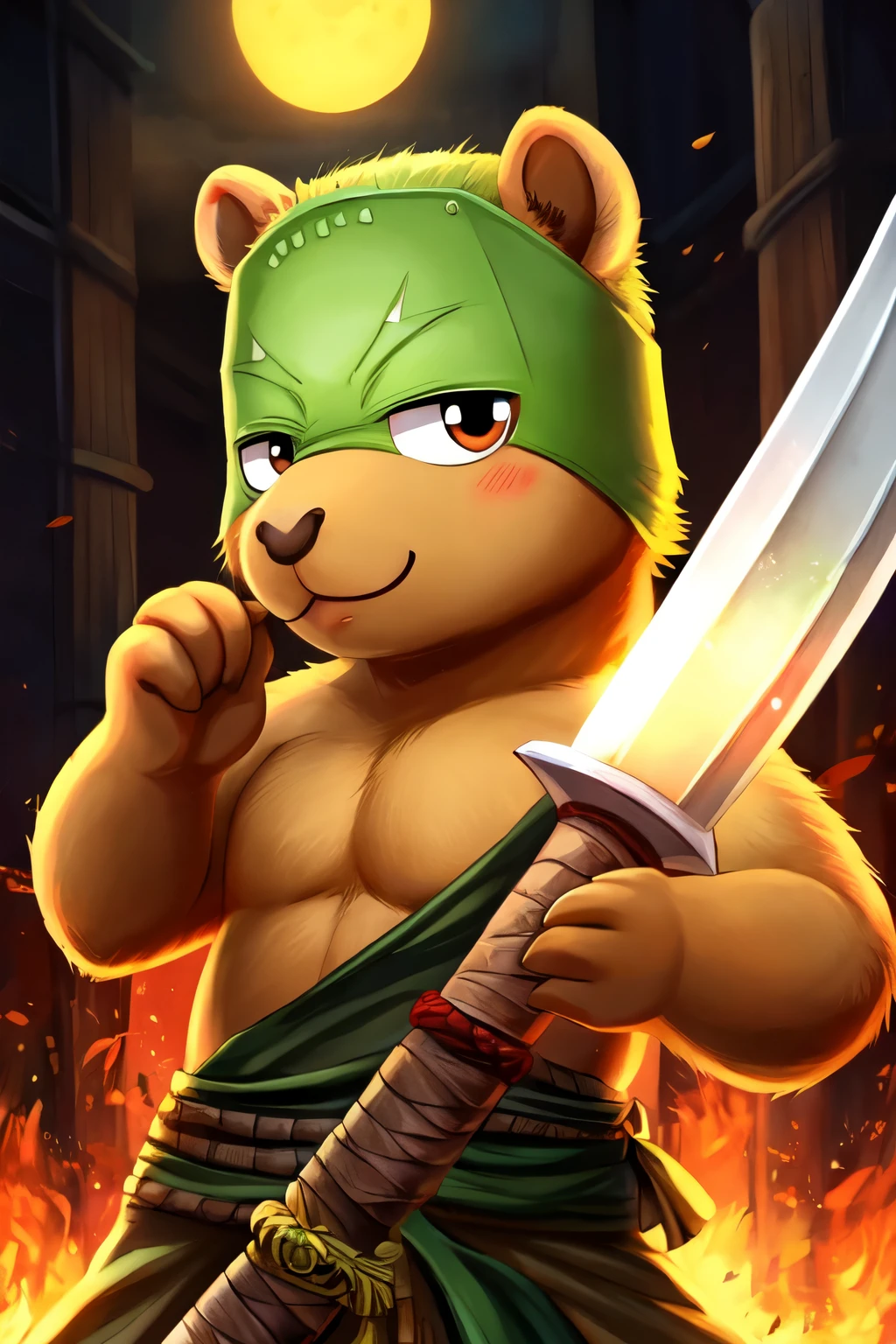 a very cute capybara holding a sword a wazamono sword (zoro&#39;s sword) in a Harry Potter style library
