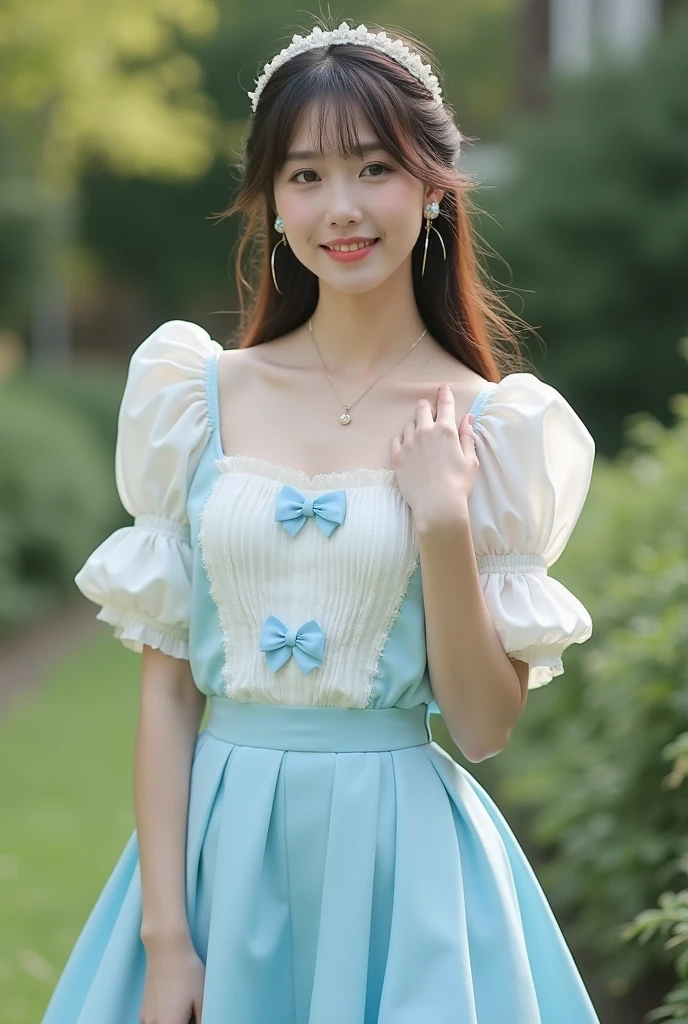 Create a look with a short light blue balloon skirt with a white puff sleeve blouse with bows on the front( the blouse has an opening from top to bottom in the front closed by these ties)