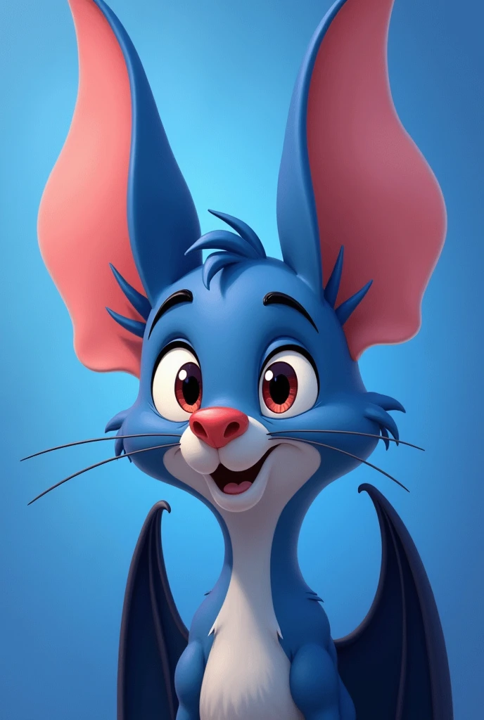 a close up of a cartoon One with a blue background, pastel, inspired by Don Bluth, Furry art, One синий ) and huge One ears, One ears, vampire Ones, bat head, bat ears, One wings, One, flying Ones, bat nose, a high resolution, Ones, Ones splash painting