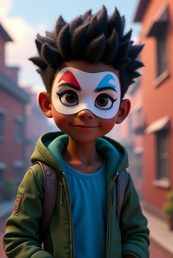 A dark skinned boy, black hair, with a white mask with black eyes, with one red and one blue streak, He has a green jacket with a blue t-shirt, in the style of disney pixar
