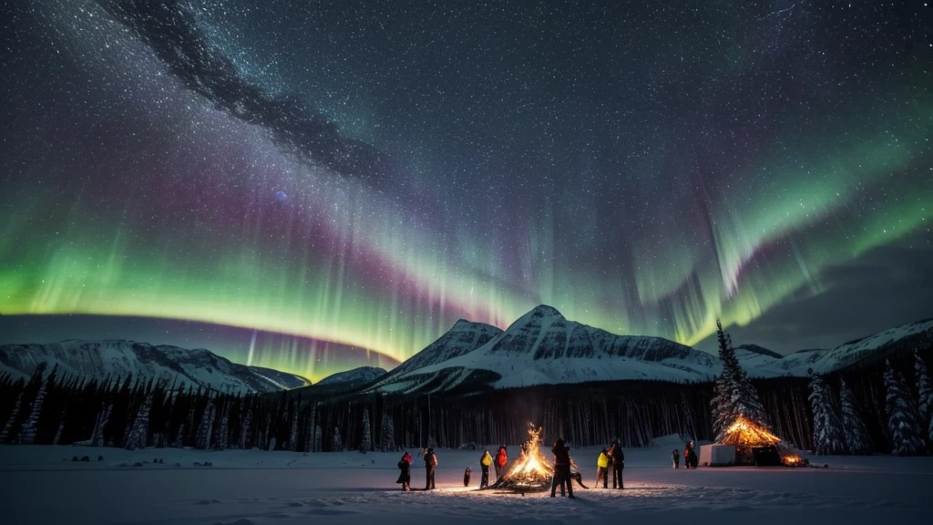 Dramatic lighting, close-up view, Milky Way and northern lights above a snowy forest mountain, a hundred people dancing and celebrating, laughing, a with a huge bonfire, embers floating up into the sky