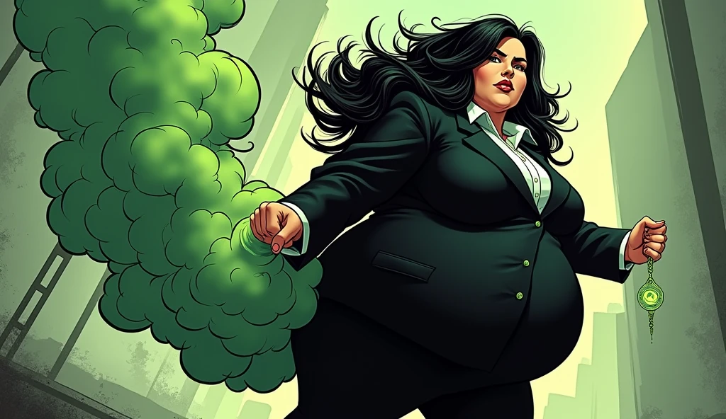 Beautiful long haired morbidly obese female mob boss in her 20s wearing a black mobster suit farts out an olive green gas cloud from her backside, comic artstyle