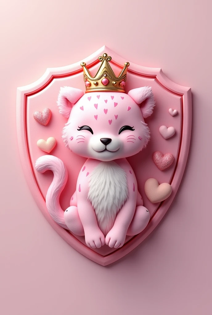 Create a shield with a baby pink leopard and a princess crown on the leopard, with hearts 