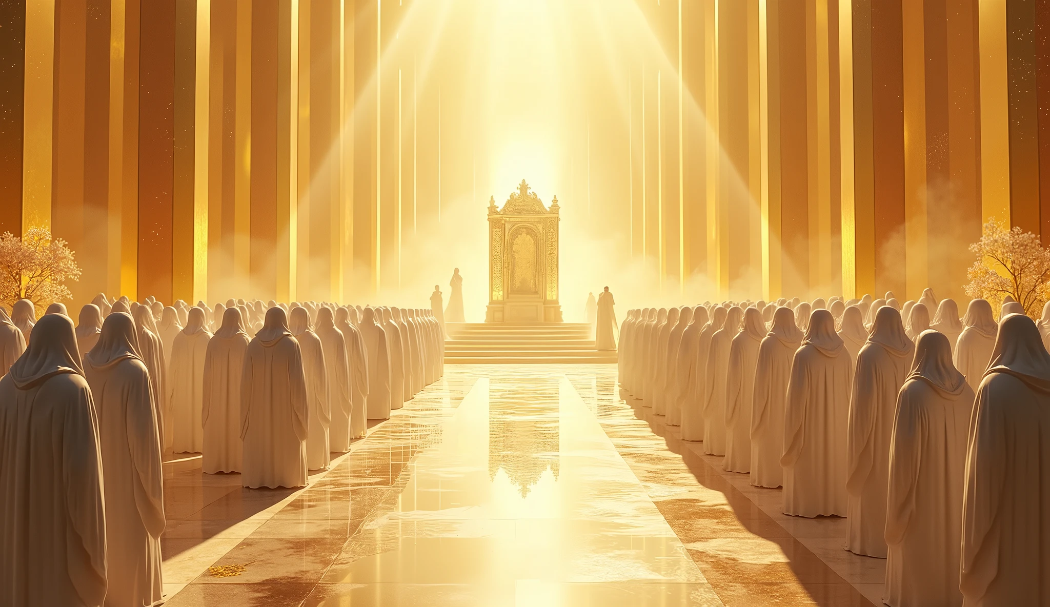 Angels who are the sons of God presents themselves before the Lord. Straight path like transparent golden crystal, long white table with many chairs on each side and at the end a large golden throne with rays and flowers on each side of the path, rose, buildings with Mo the golden transparent glass, war angels on the sides with lots of light. 32K UH, detailed, High resolution, Hyperrealistic, Style Raw, masterpiece.