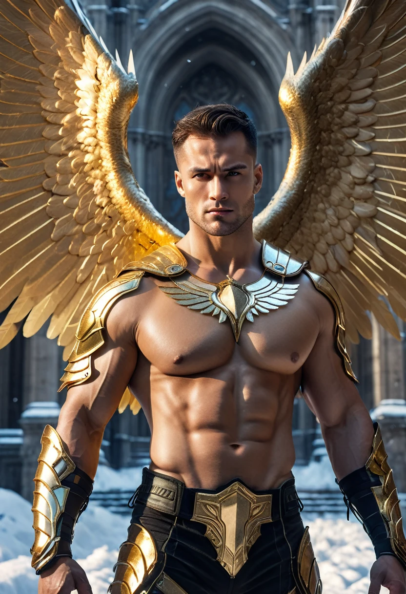 ultra high res, best quality, photo, 4k, (photorealistic:1.4), cinematic lighting, a male angel with large translucent wings,muscular man, abdominal muscle, wearing medieval gold armor, detailed feathers, cyberpunk environment, snow and environment in the background, cathedral of , portal of the future, volumetric light, HD, magic, god light, backlighting, detailed face, contrapposto,