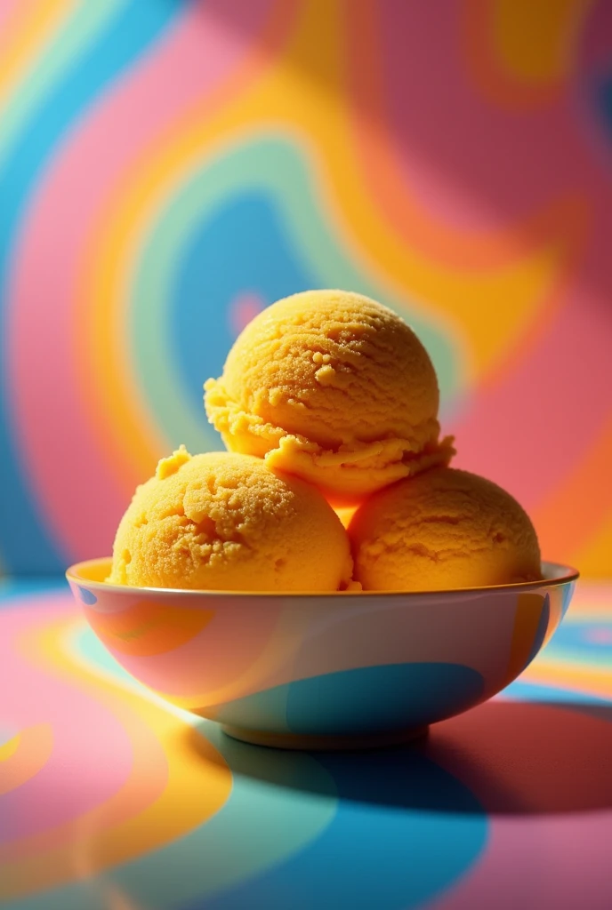 Op art, backlighting, wide shot, from side, atmospheric perspective+three scoops of mango flavored ice cream in a colorful low bowl + f/1.2, 35mm, Nikon + Deep Focus+ Without background