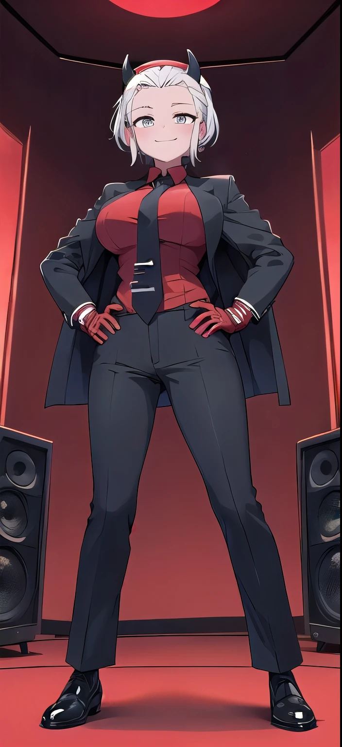 masterpiece,best quality,1girl,mature female,justice,horns,demon girl,demon horns,black horns,short hair,blunt bangs,hairband,hair slicked back,(sunglasses),shirt,red shirt,gloves,red gloves,fingerless gloves,jacket,black jacket,necktie,black necktie,pants,large breasts,grin,confident,hands on hips,indoors,dutch angle, score_9, score_8_up, score_7_up, score_6_up, score_5_up, score_4_up, (source_anime), 1girl, smile,  huge breasts, sunset, looking at viewer, blush, short hair, large breasts, 1girl, (masterpiece, best quality, very aesthetic, ultra detailed, ultra-detailed, 4k), score_9, score_8_up, score_7_up, score_6_up, score_5_up, score_4_up, (1girl), (masterpiece, best quality, ultra-detailed), Speaker Woman, humanoid female with a large red speaker for a head, sleek black pinstripe suit, fitted jacket with a tie, long sleeves, form-fitting pants, confident and assertive pose, black gloves, glowing red, vibrant red background, simple lighting, dynamic composition, smooth shading, clean lines, clear focus, full-body view, robot_head_speaker, real human body, robot_head_speaker_woman, Black full body suit elegant with stripes with, Red shirt underneath, robot_head_speaker, red shirt, big headphones, Nyantcha style, GLaDOSSDXL, Glados, mechanical parts, humanoid robot, Short hair, 