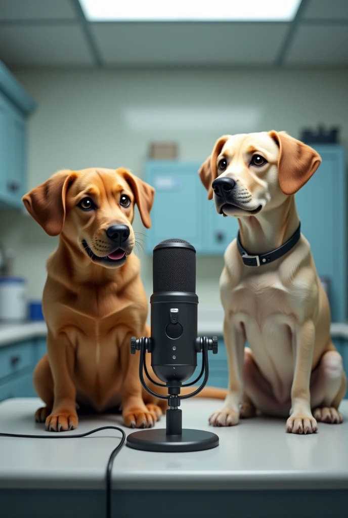 Veterinary podcast with dogs talking into a microphone I want the image to look as real as possible I want the podcast studio to be inside a veterinary office on a stretcher