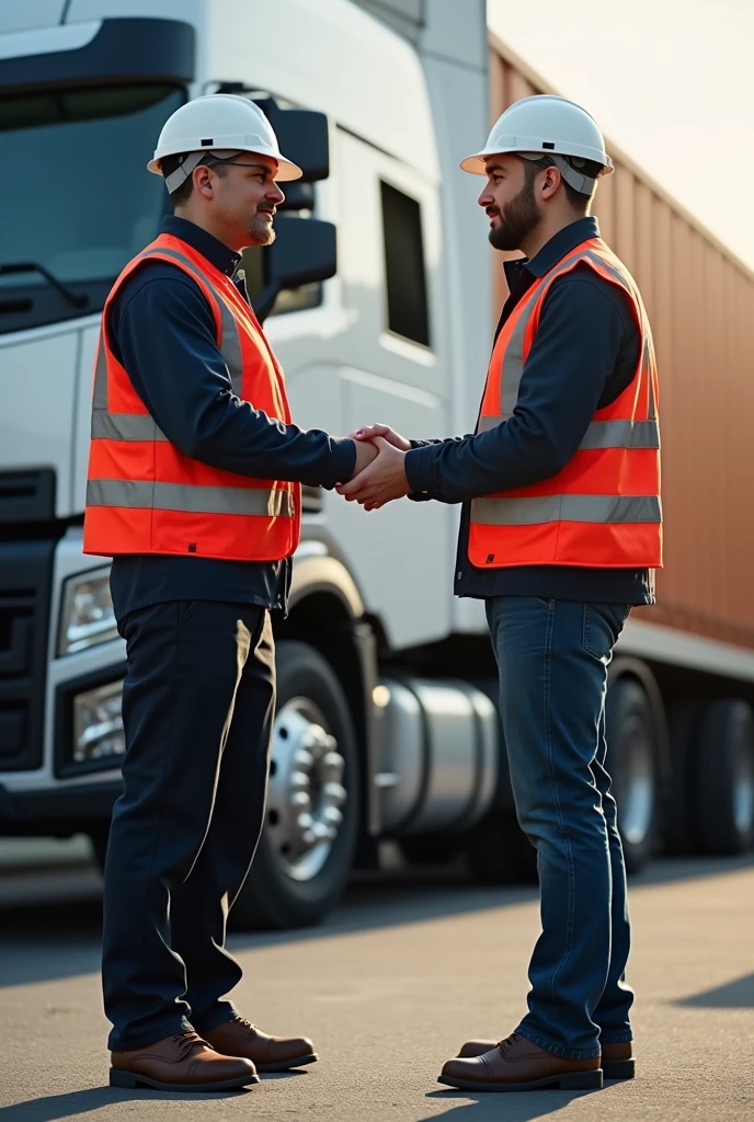 tidy truck driver, with long pants and a long-sleeved shirt, safety shoes, White helmet and red reflective vest being validated by the client