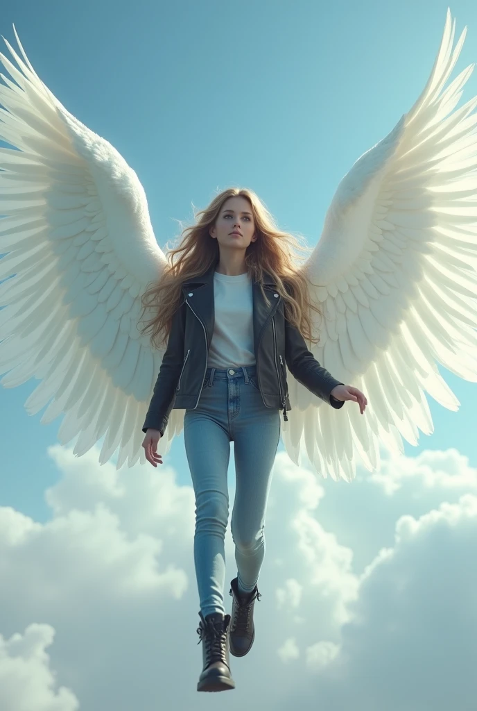 fille avec des longs cheveux magnifiques. Elle a les yeux bleus et sa peau est blanche. Elle porte une veste en cuir noir, Blue Jeans, et elle a des chaussures de ranger. Elle a deux grandes ailes blanches et elle vole dans le ciel. [fille] [ailes] [fantastique] [Beau]