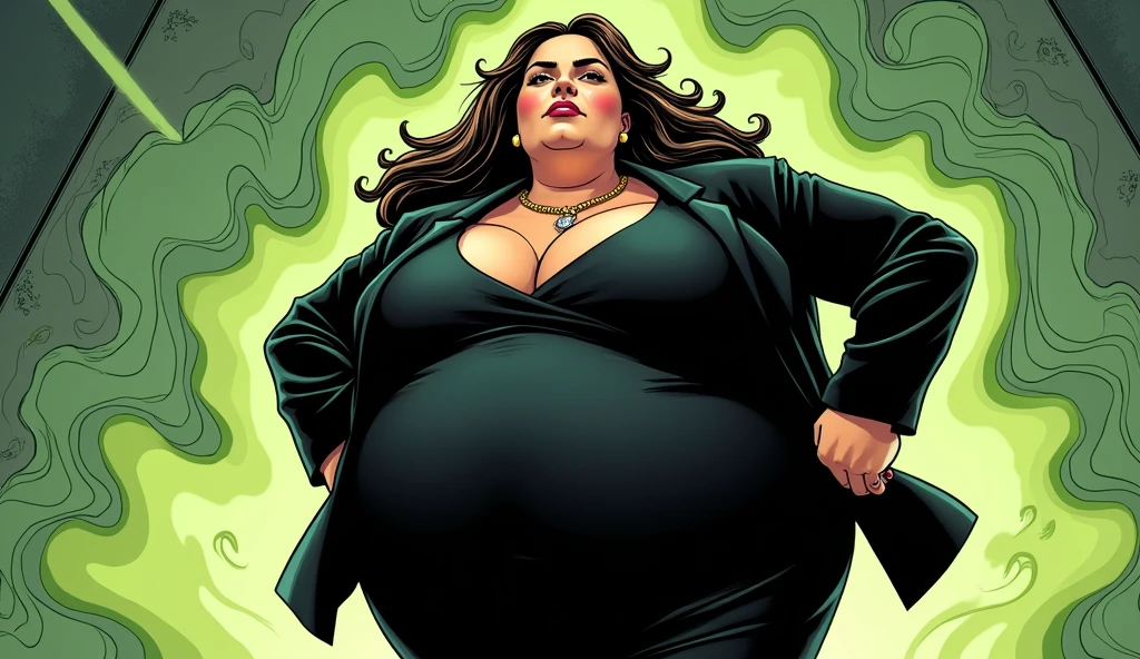 Beautiful long haired morbidly obese female mob boss in her 20s wearing a black mobster suit farts out an olive green gas cloud from her backside, comic artstyle