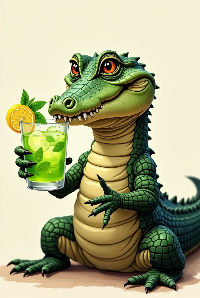a drawing of an alligator with a glass of lemon caipirinha