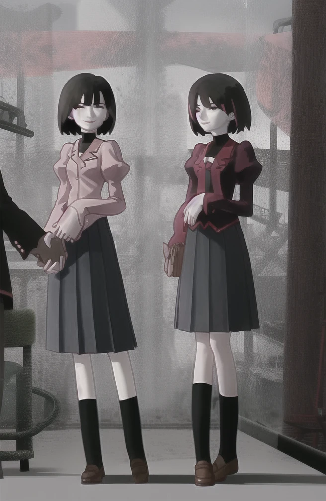 cowboy shot, 1girl, ougioshino, short hair, bangs, black hair, hair between eyes, black eyes, bob cut, pale skin, oshino ougi, empty eyes, long sleeves, school uniform, pantyhose, pleated skirt, necktie, shoes, puffy sleeves, black skirt, sleeves past wrists, black pantyhose, turtleneck, bob cut, juliet sleeves, brown loafers, black necktie, sleeves past fingers, BREAK pink shirt, smiling, looking at viewer, absurdres, best quality, uhd, masterpiece, 16k