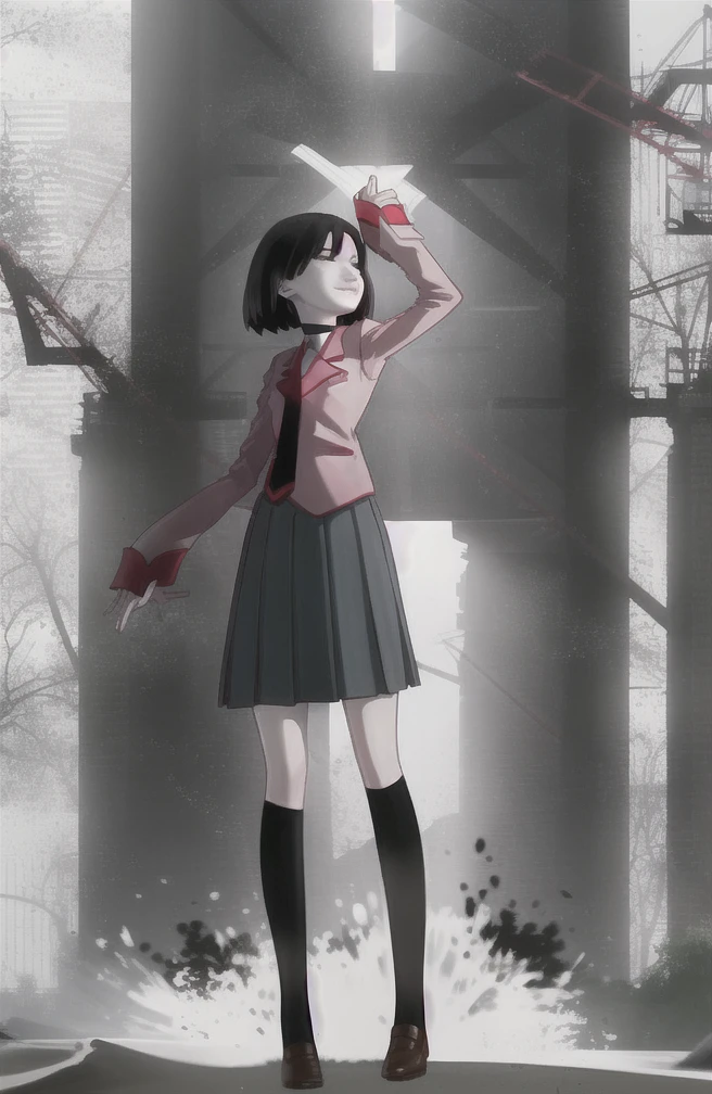 cowboy shot, 1girl, ougioshino, short hair, bangs, black hair, hair between eyes, black eyes, bob cut, pale skin, oshino ougi, empty eyes, long sleeves, school uniform, pantyhose, pleated skirt, necktie, shoes, puffy sleeves, black skirt, sleeves past wrists, black pantyhose, turtleneck, bob cut, juliet sleeves, brown loafers, black necktie, sleeves past fingers, BREAK pink shirt, smiling, looking at viewer, absurdres, best quality, uhd, masterpiece, 16k