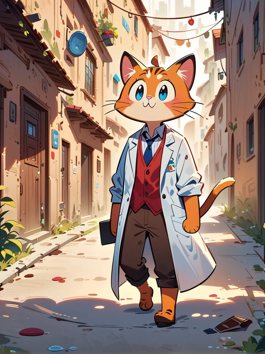 2d a male cat teacher, dressed as a lab coat teacher, 2d cartoon style, ,full body, solo, whimsical, adorable, masterpiece, 8k, cinematic lighting, award-winning digital art