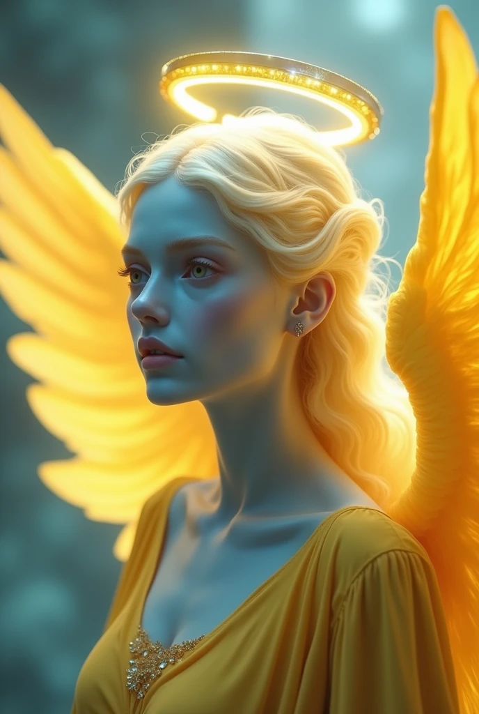 A blue angel with yellow wings There is a yellow ring on his head It