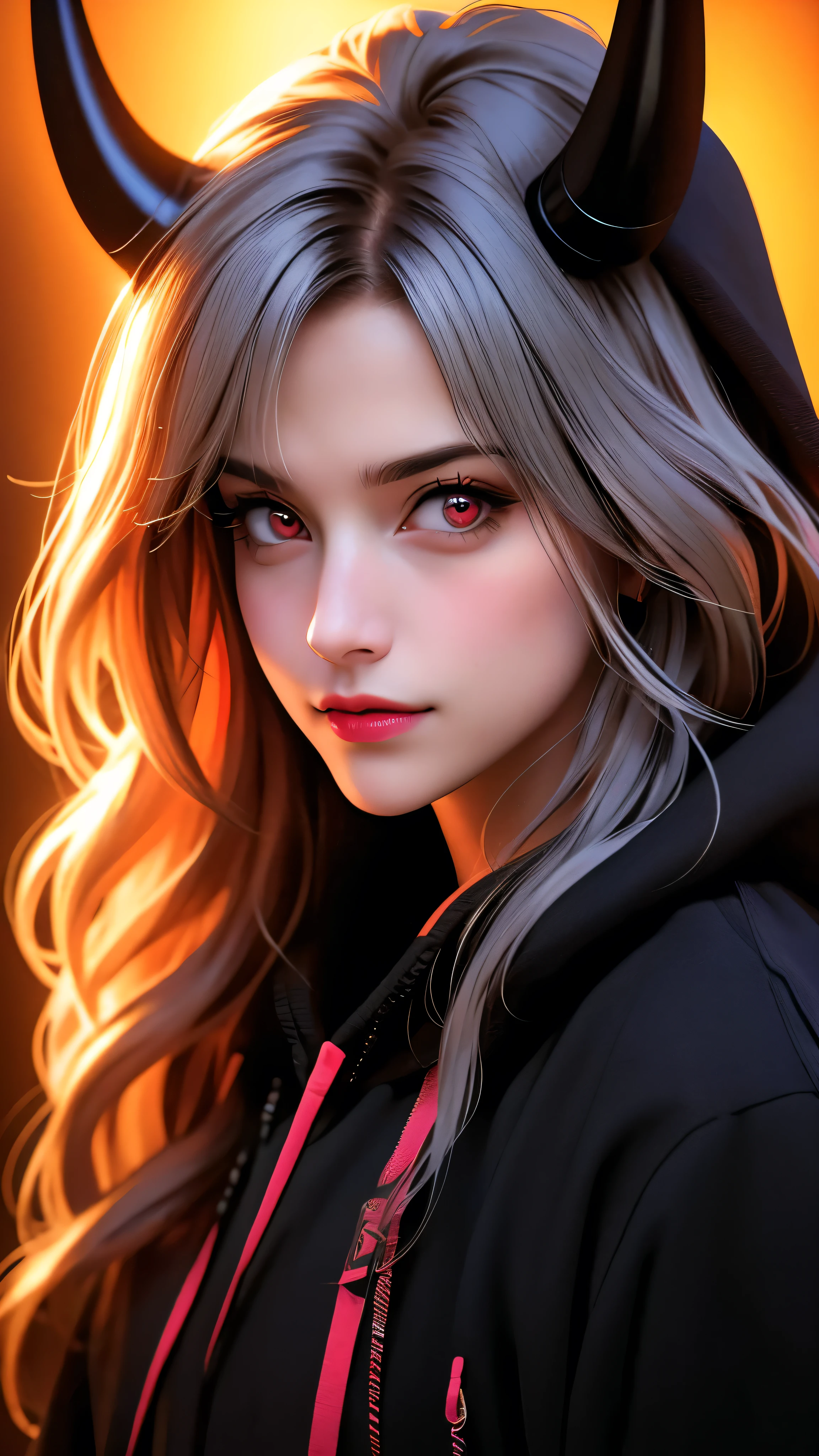 a shy smiling girl, black and multicolored hair, red eyes, black hoodie, bangs, horns, looking at viewer, long hair, simple black background, upper body, neon hearts, (best quality,4k,8k,highres,masterpiece:1.2),ultra-detailed,(realistic,photorealistic,photo-realistic:1.37),digital art, fantasy, portrait, vibrant colors, dramatic lighting