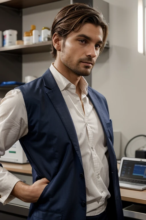 homme brun chevux court dans une tenue de biologiste dans un laboiratoire