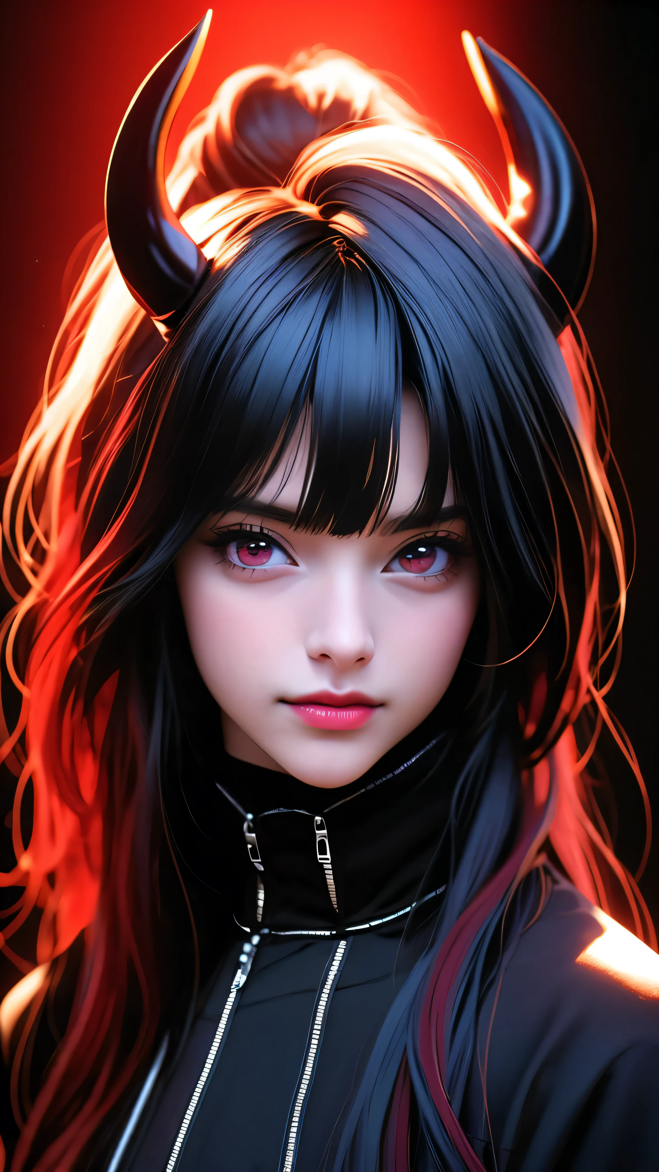a shy smiling girl, black and multicolored hair, red eyes, black hoodie, bangs, horns, looking at viewer, long hair, simple black background, upper body, neon hearts, (best quality,4k,8k,highres,masterpiece:1.2),ultra-detailed,(realistic,photorealistic,photo-realistic:1.37),digital art, fantasy, portrait, vibrant colors, dramatic lighting